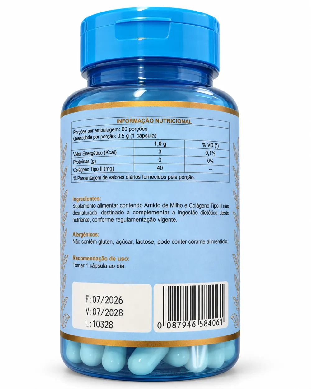 Tabela nutricional impressa no rótulo de Colágeno Tipo 2