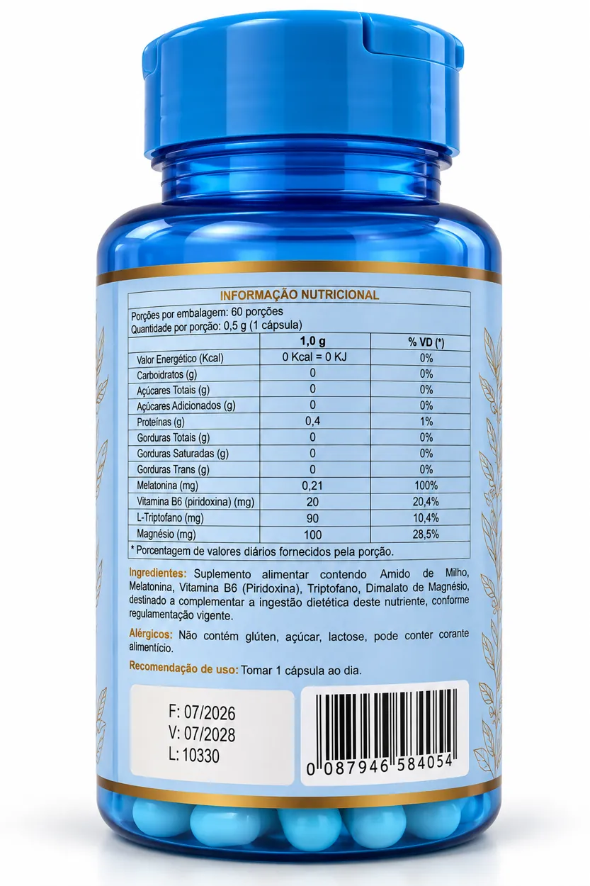 Tabela nutricional impressa no rótulo de Melatonina