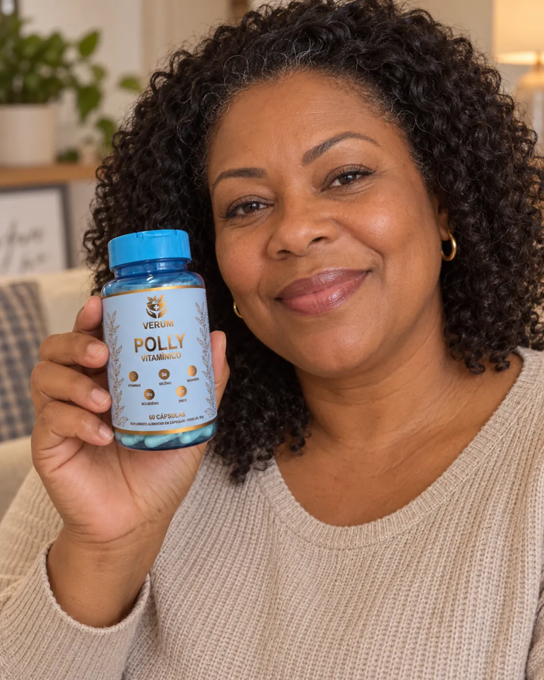 Pessoa em casa segurando o frasco de Polly Vitamínico Verum Vita